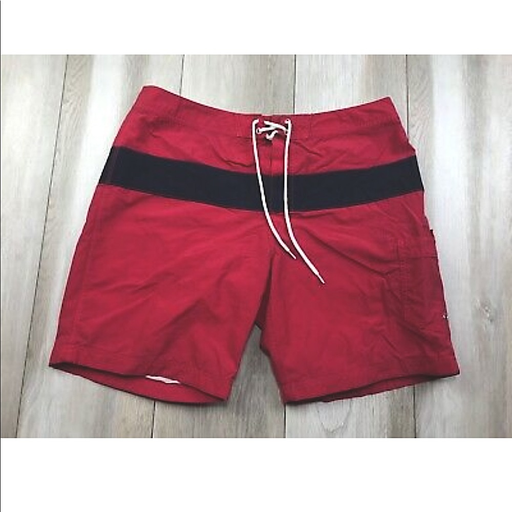 J. Crew Swim Trunks Red & Navy Board Shorts Bathing Suit Mesh Outdoors Sz.35